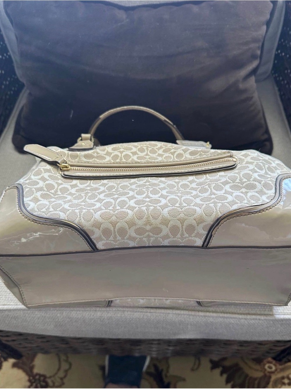 Coach Beige Signature Satchel with Patent Trim